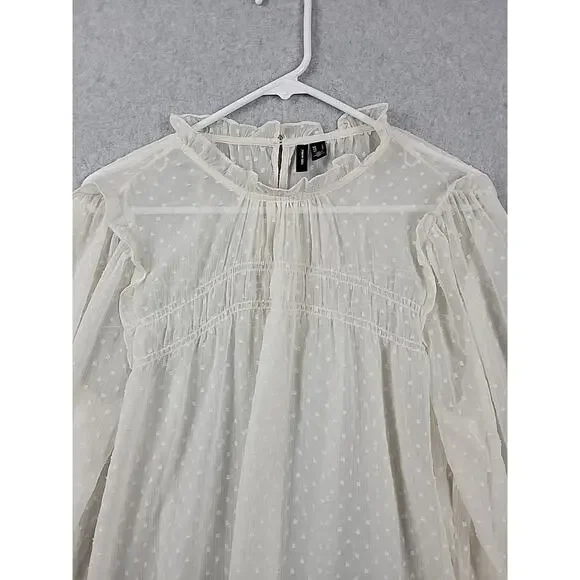 Vero Moda Ivory Swiss Dot LS Fairy Ruffled Smocked Sheer Blouse Women's Large - Picture 3 of 12